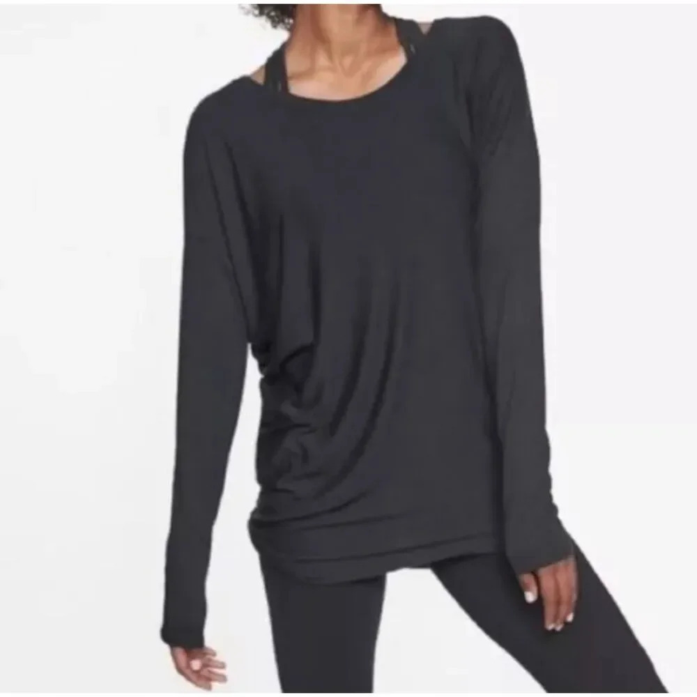 Athleta Threadlight Asymmetrical Relaxed Tee Size XS Oversized Black Long Sleeve